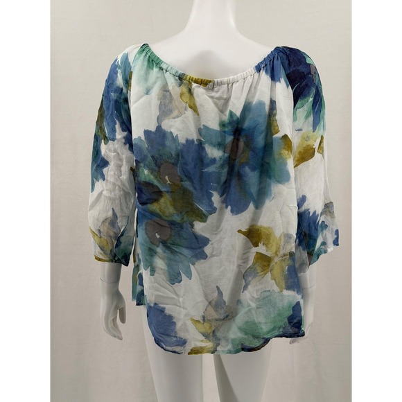 Habitat Top Womens Medium Blue White Watercolor Linen Blend Peasant Abstract Art - Picture 5 of 10